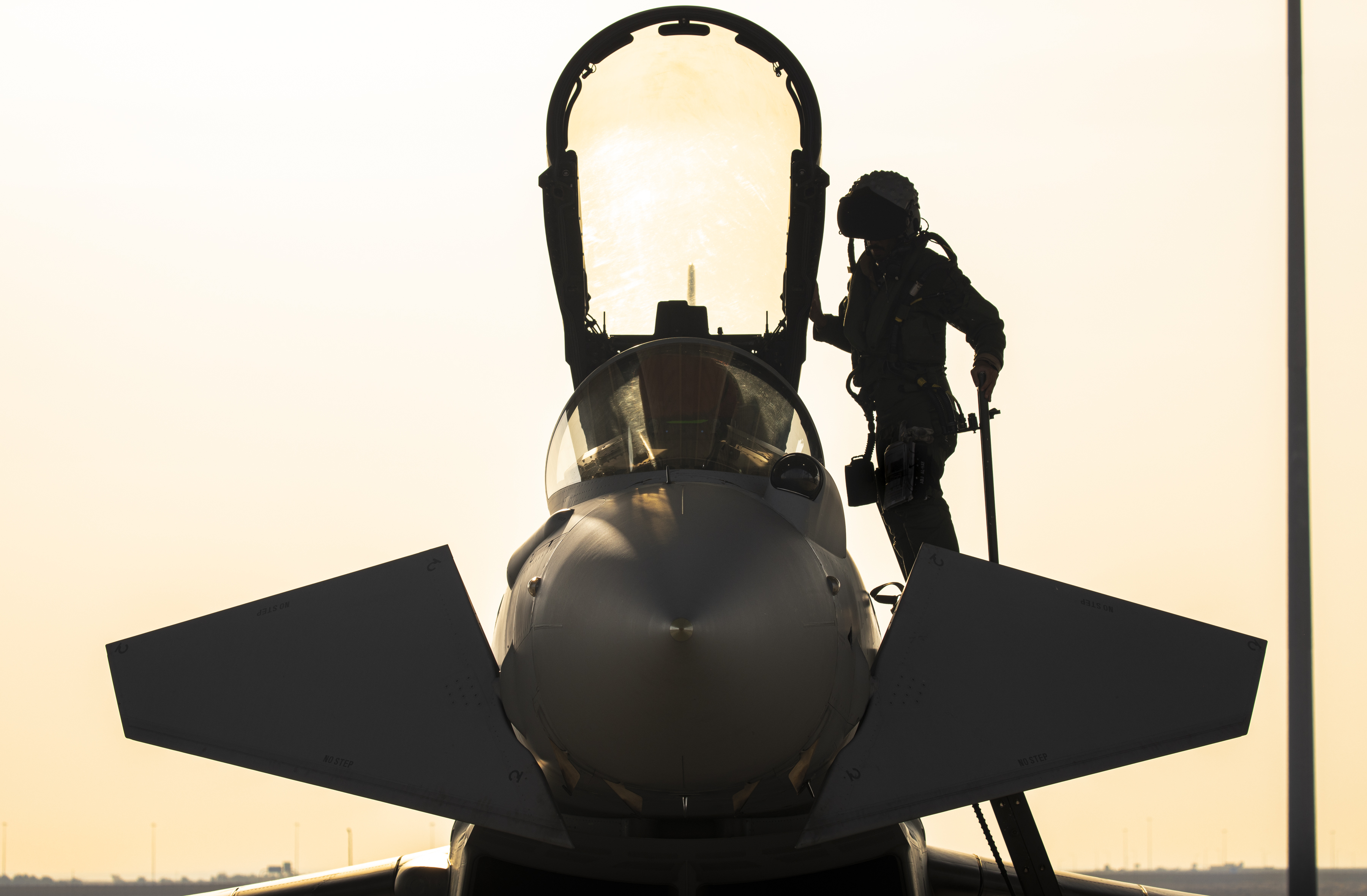 Image shows RAF Pilot climbing into Typhoon.